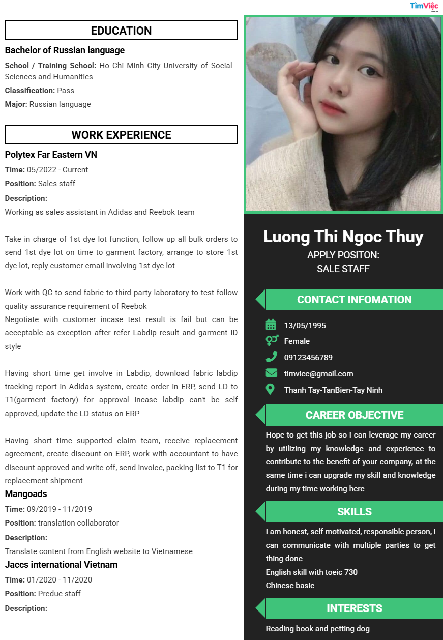 CV tiếng Anh tham khảo - Mẫu CV truyền thống - cv.timviec.com.vn