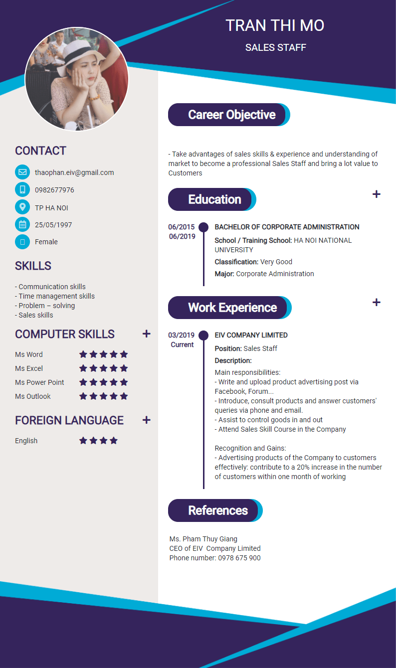 CV tiếng Anh tham khảo - Mẫu CV tinh tế - cv.timviec.com.vn