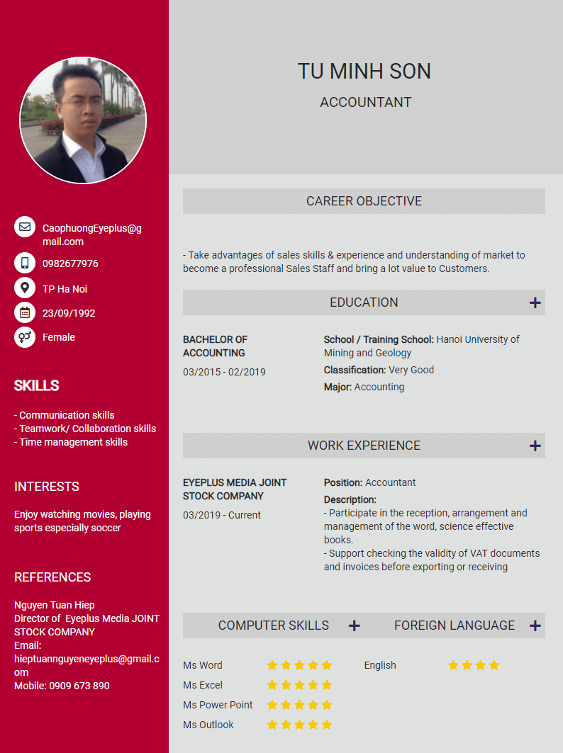 CV tiếng Anh tham khảo - Mẫu CV tiêu chuẩn - cv.timviec.com.vn