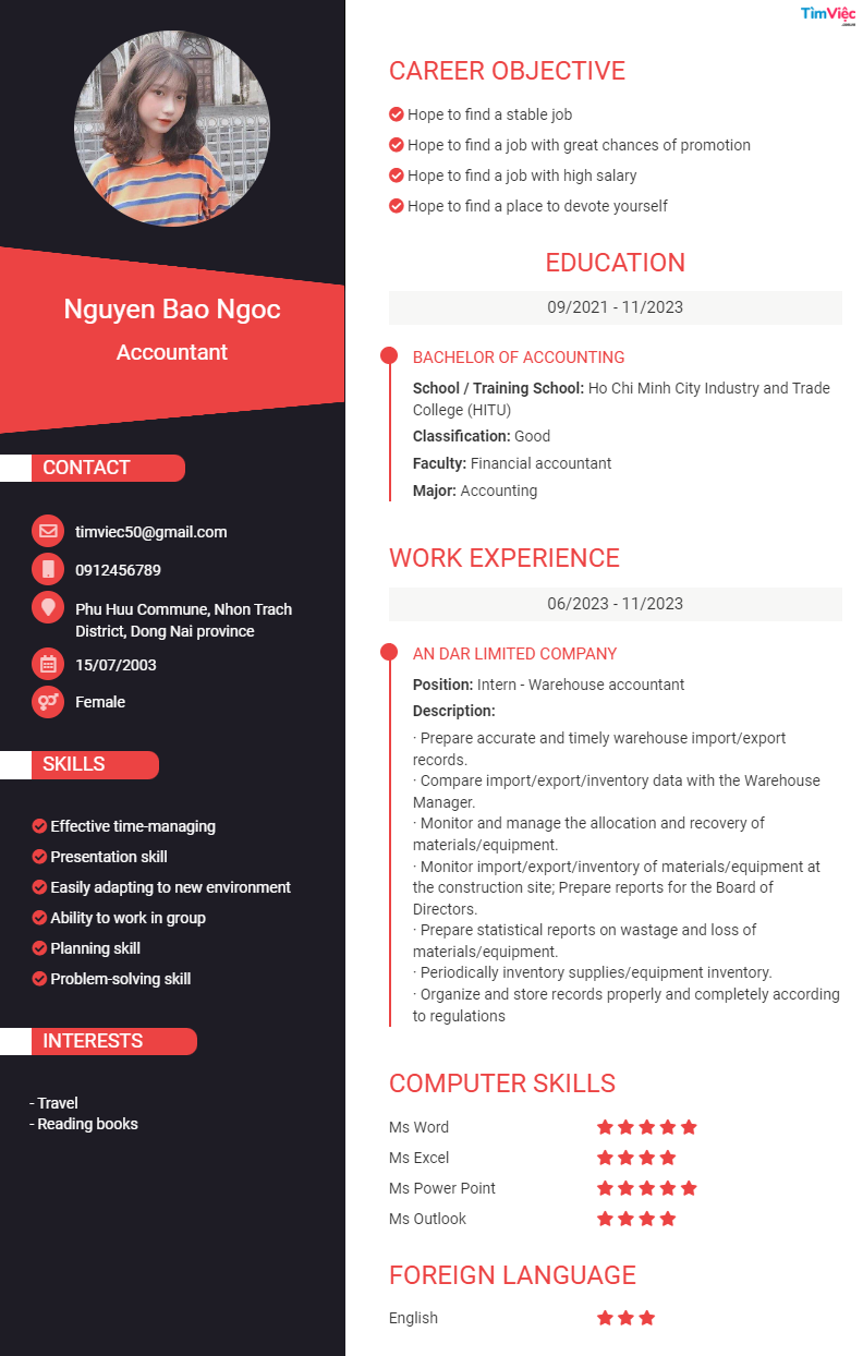 CV tiếng Anh tham khảo - Mẫu CV Nhân Viên Kế Toán - cv.timviec.com.vn
