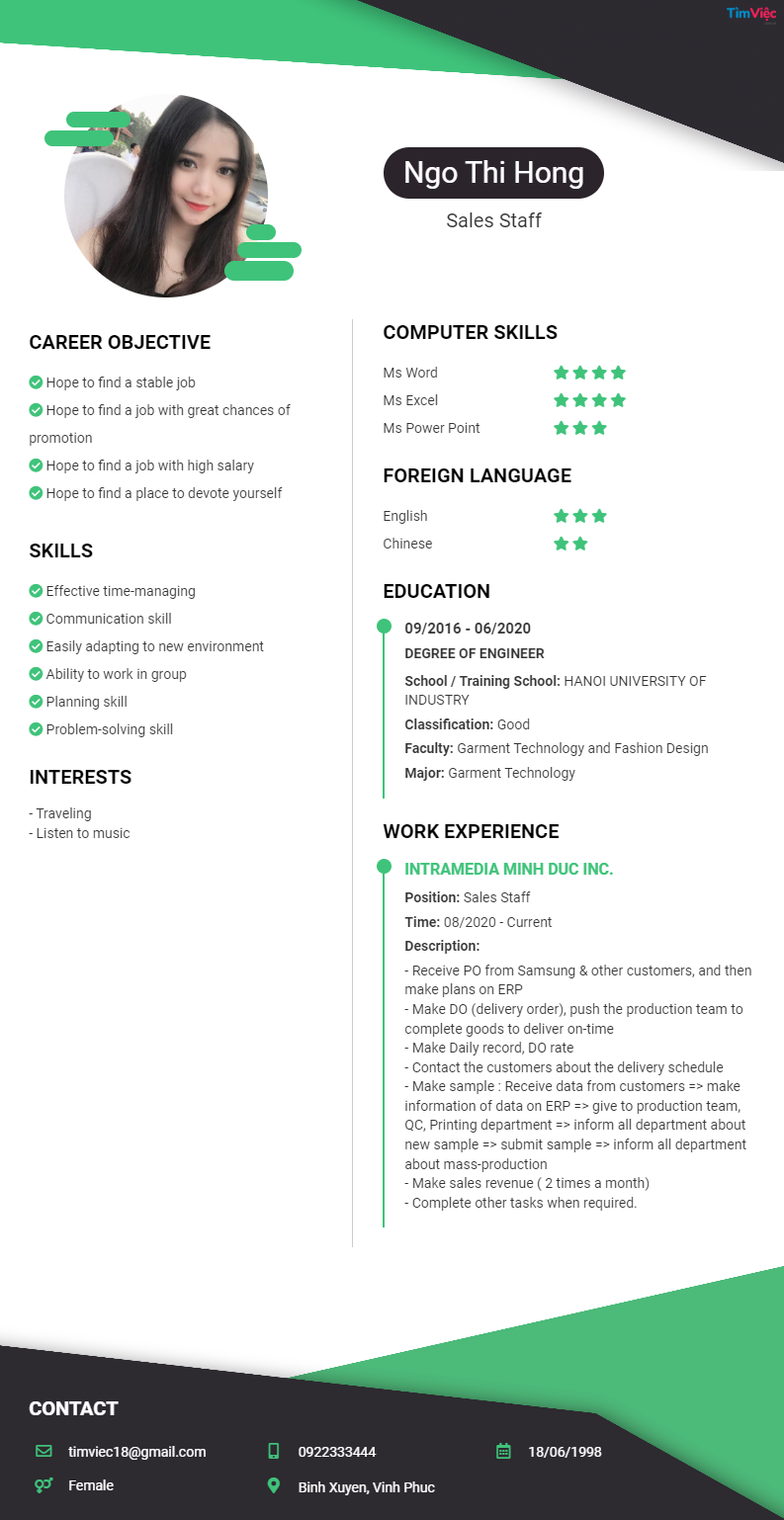 CV tiếng Anh tham khảo - Mẫu CV Nhân Viên Bán hàng - cv.timviec.com.vn