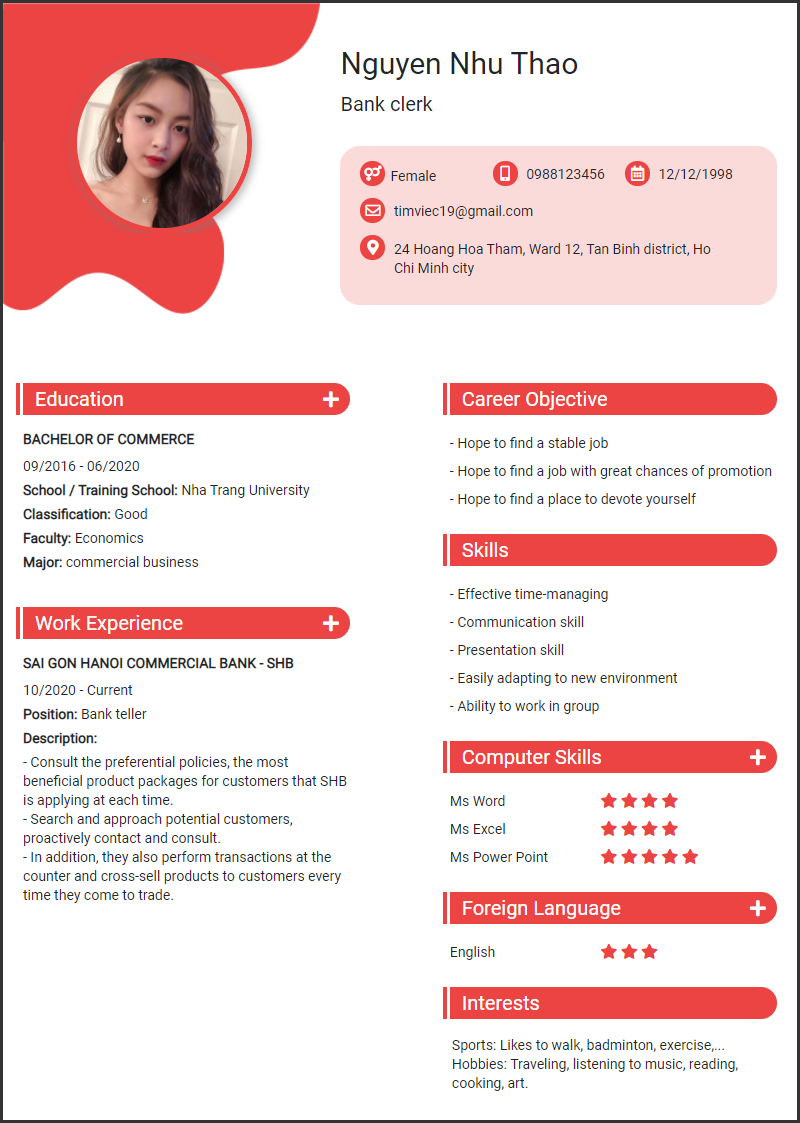 CV tiếng Anh tham khảo - Mẫu CV xin việc Ngân hàng - cv.timviec.com.vn