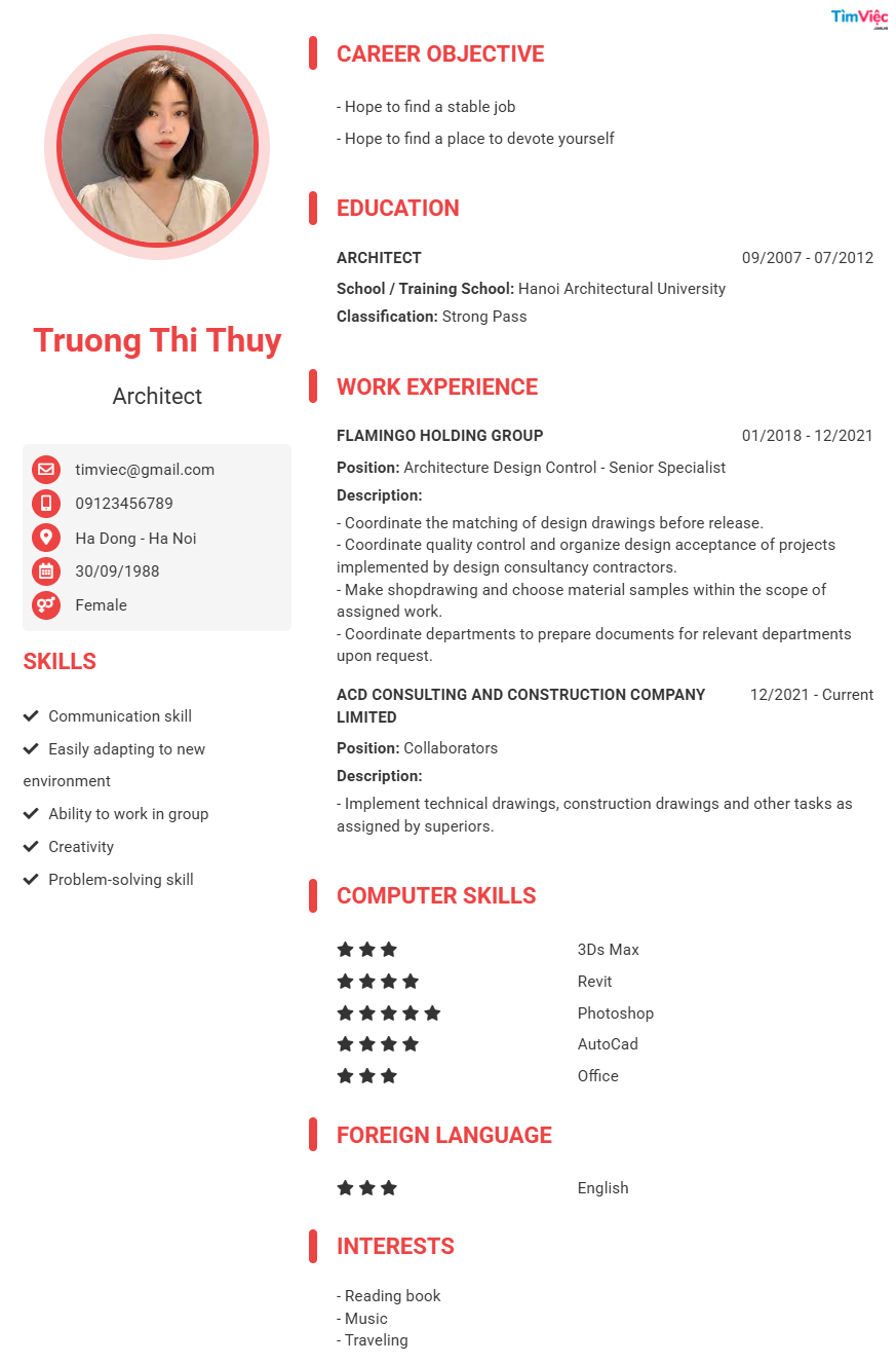 CV tiếng Anh tham khảo - Mẫu CV Kiến trúc sư - cv.timviec.com.vn