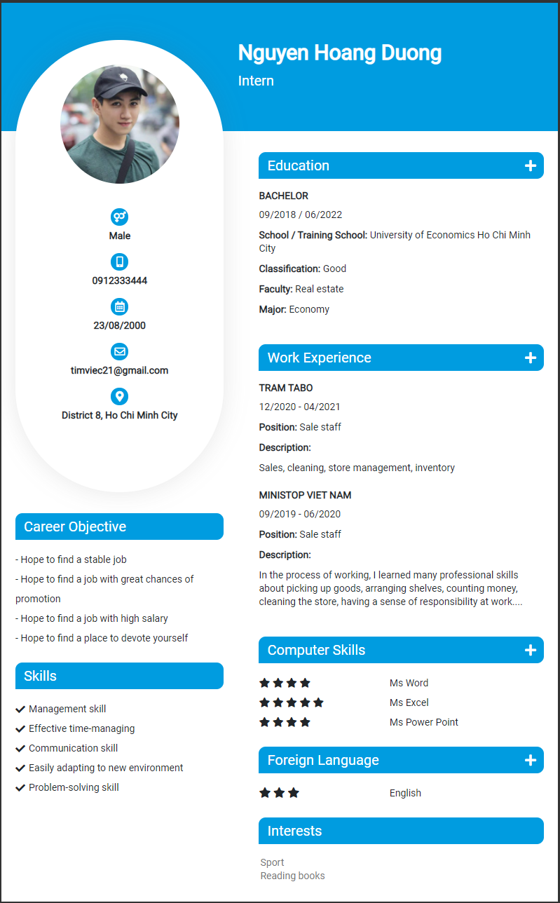 CV tiếng Anh tham khảo - Mẫu CV Thực tập - cv.timviec.com.vn