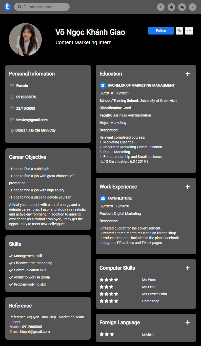 CV tiếng Anh tham khảo - Mẫu CV Marketing - cv.timviec.com.vn