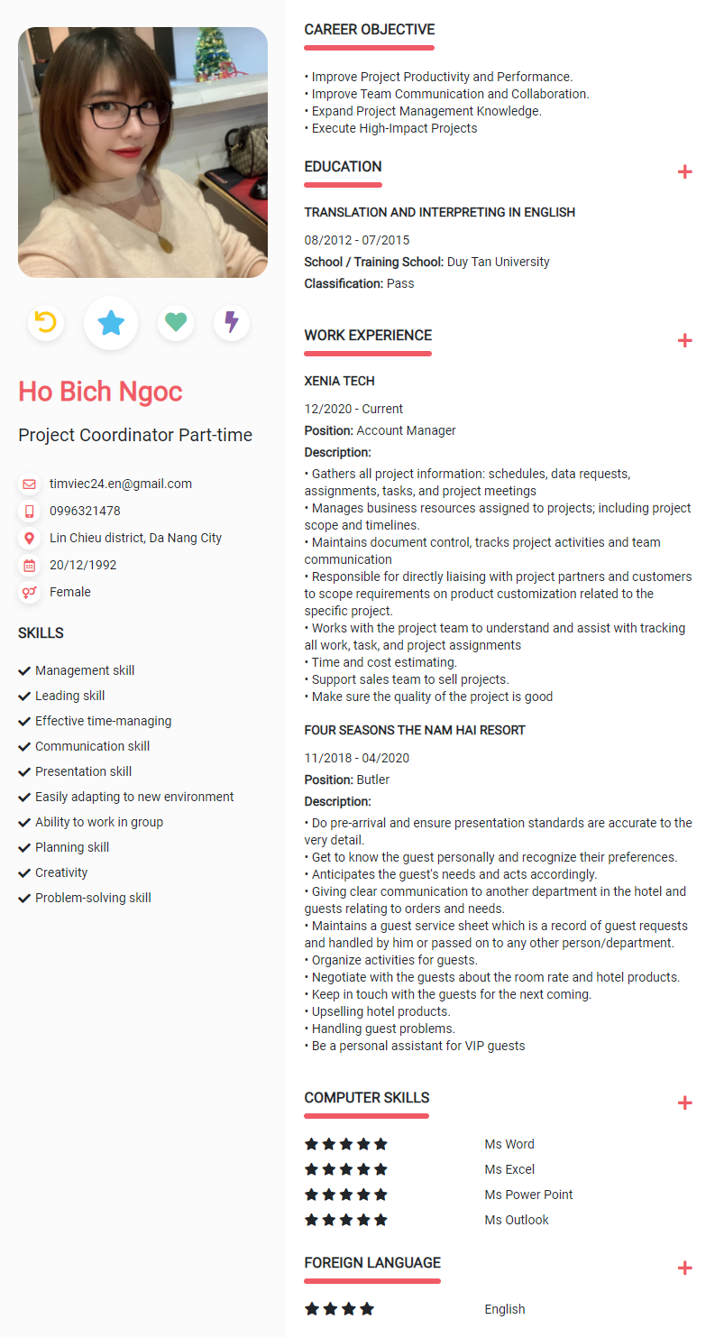 CV tiếng Anh tham khảo - Mẫu CV Part Time - cv.timviec.com.vn