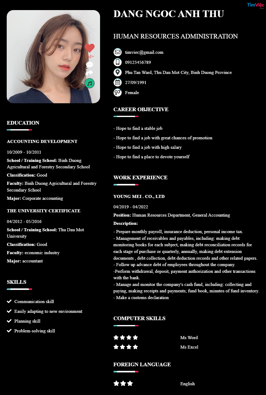 CV tiếng Anh tham khảo - Mẫu CV Nhân Viên Hành Chính - cv.timviec.com.vn