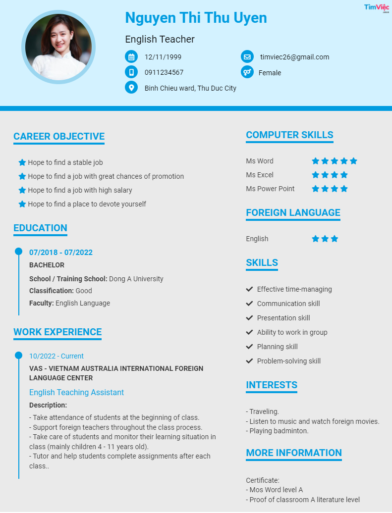 CV tiếng Anh tham khảo - Mẫu CV Giáo viên - cv.timviec.com.vn