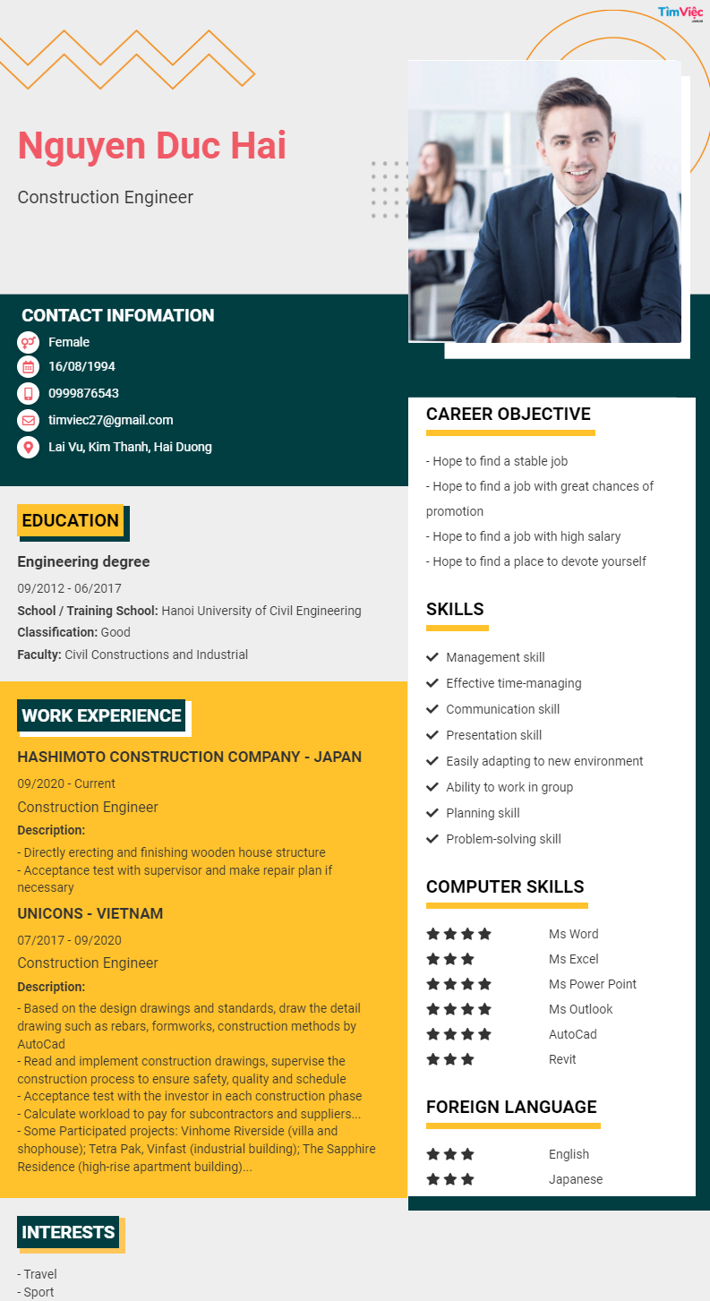 CV tiếng Anh tham khảo - Mẫu CV xin việc Xây dựng - cv.timviec.com.vn