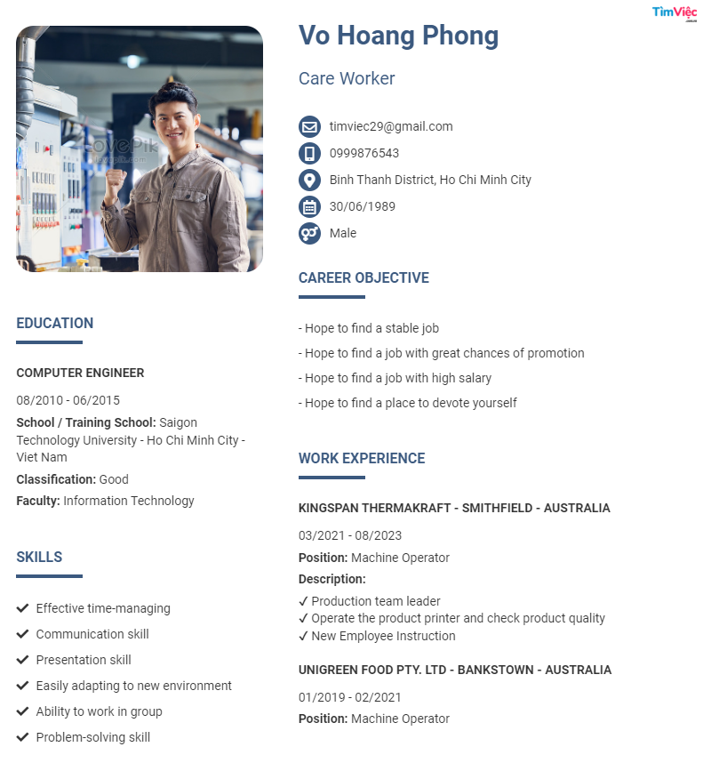 CV tiếng Anh tham khảo - Mẫu CV xin việc Công nhân - cv.timviec.com.vn