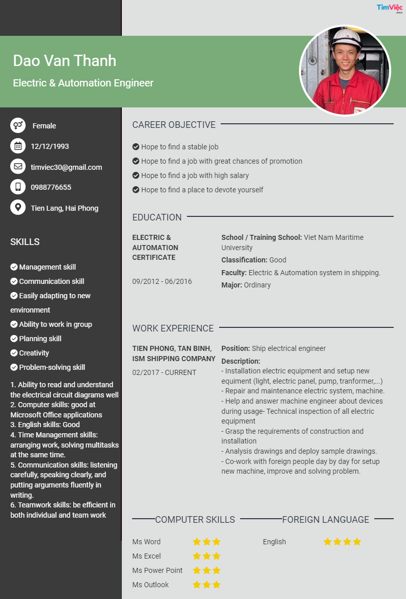 CV tiếng Anh tham khảo - Mẫu CV Kỹ Sư điện - cv.timviec.com.vn
