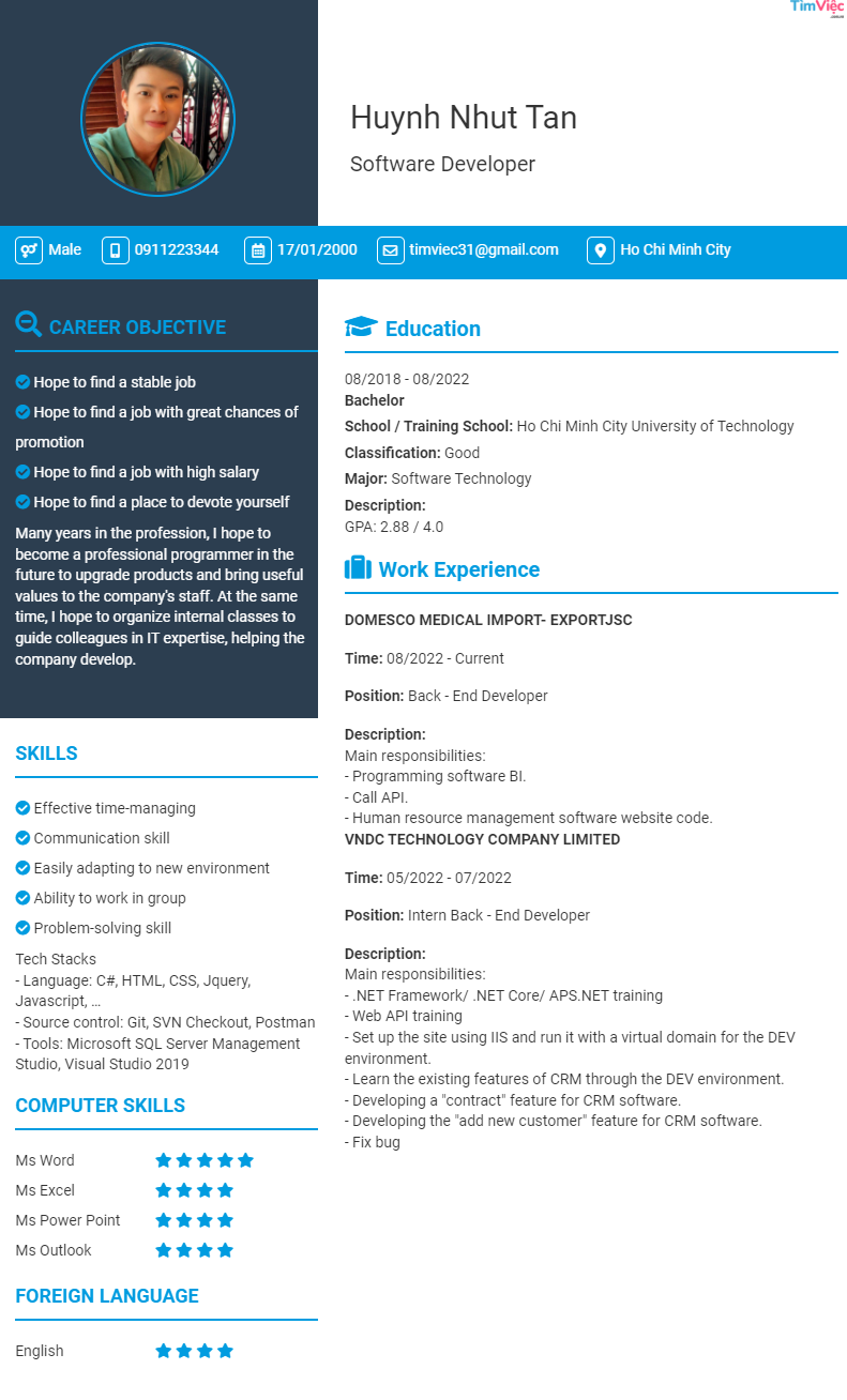 CV tiếng Anh tham khảo - Mẫu CV Lập trình viên - cv.timviec.com.vn