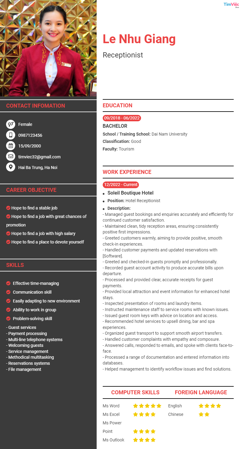 CV tiếng Anh tham khảo - Mẫu CV xin việc Lễ tân - cv.timviec.com.vn