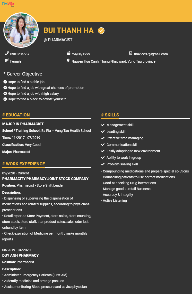CV tiếng Anh tham khảo - Mẫu CV Trình Dược Viên - cv.timviec.com.vn