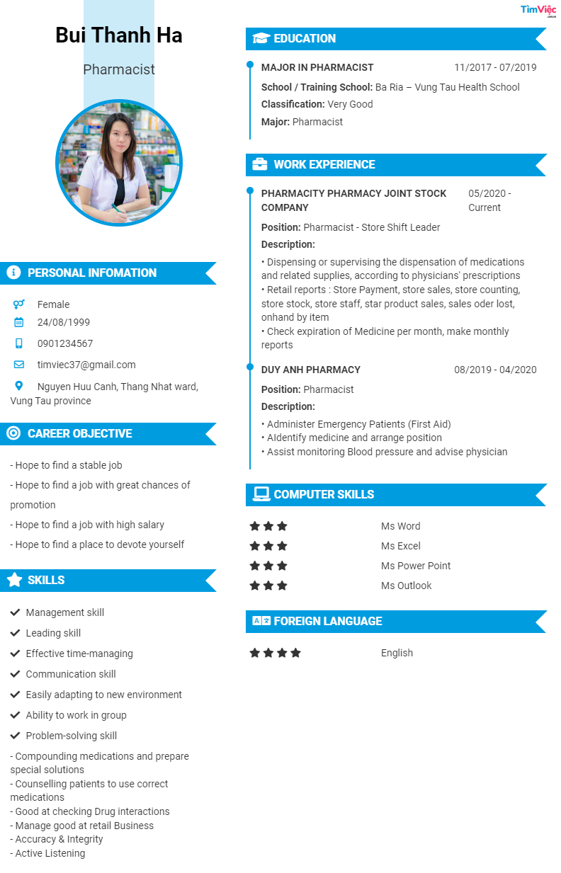 CV tiếng Anh tham khảo - Mẫu CV ngành Y - cv.timviec.com.vn