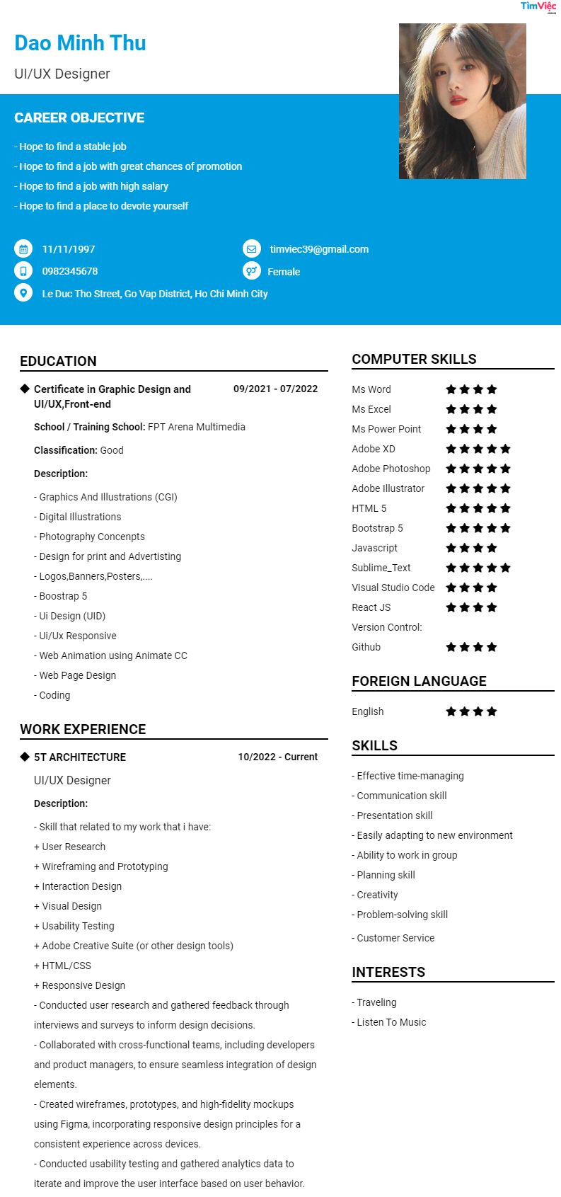 CV tiếng Anh tham khảo - Mẫu CV xin việc Thiết Kế Đồ Họa - cv.timviec.com.vn