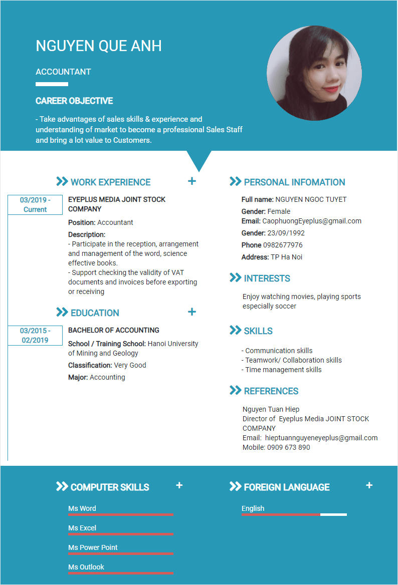 CV tiếng Anh tham khảo - Mẫu CV hợp mệnh - cv.timviec.com.vn