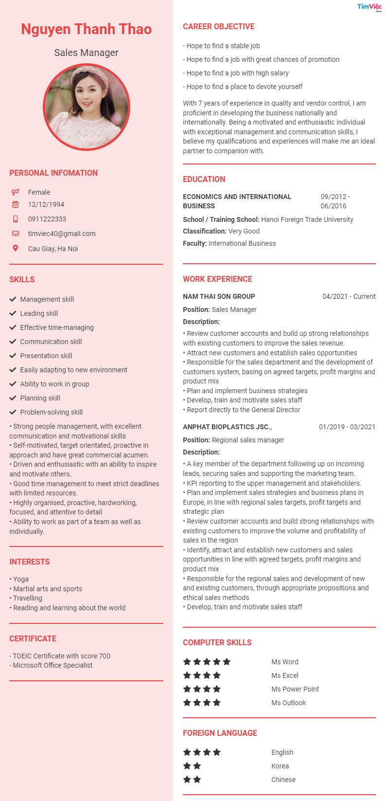 CV tiếng Anh tham khảo - Mẫu CV Quản Lý - cv.timviec.com.vn