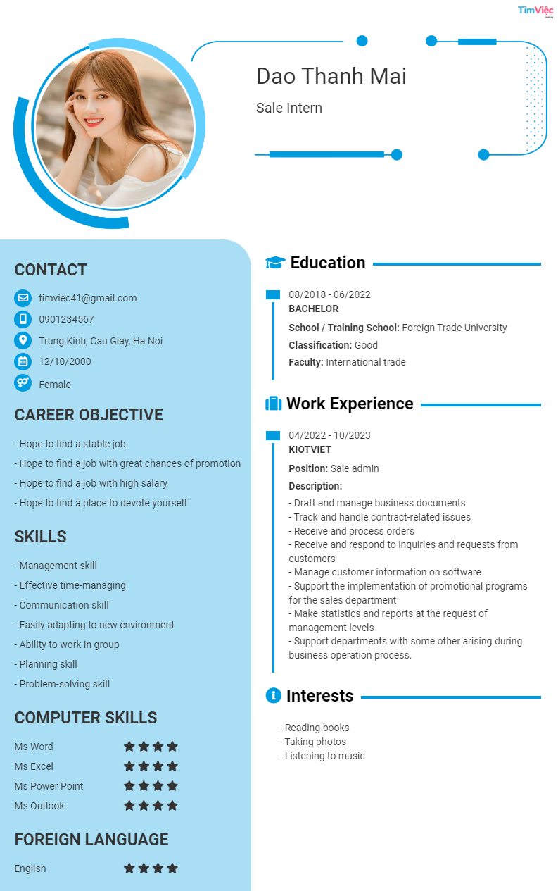 CV tiếng Anh tham khảo - Mẫu CV cho sinh viên mới ra trường - cv.timviec.com.vn