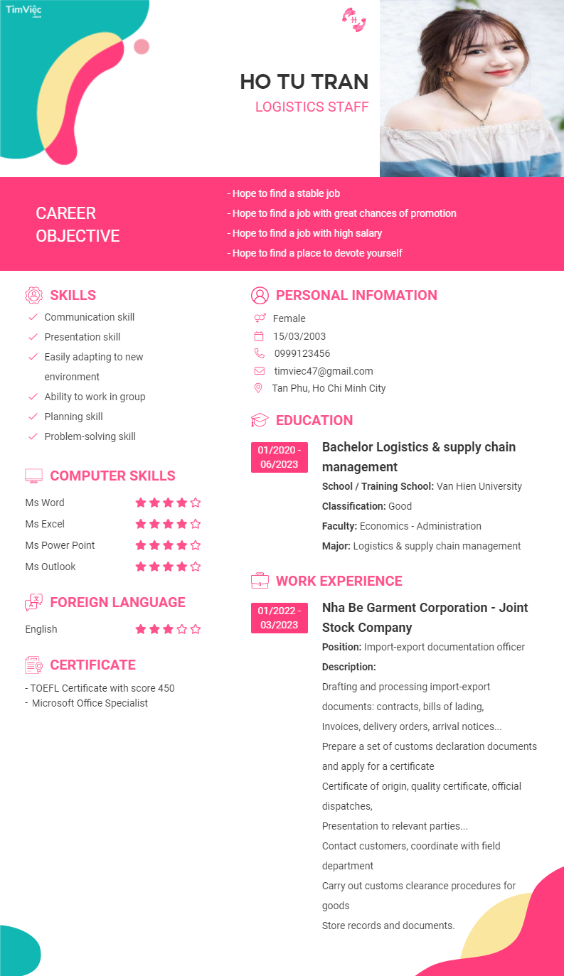 CV tiếng Anh tham khảo - Mẫu CV cung Song Ngư - cv.timviec.com.vn