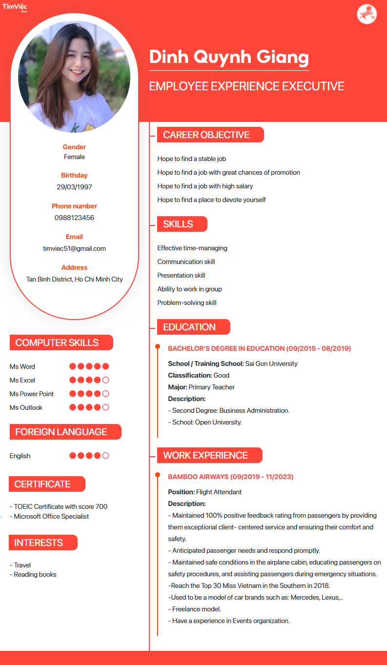 CV tiếng Anh tham khảo - Mẫu CV cung Bạch dương - cv.timviec.com.vn