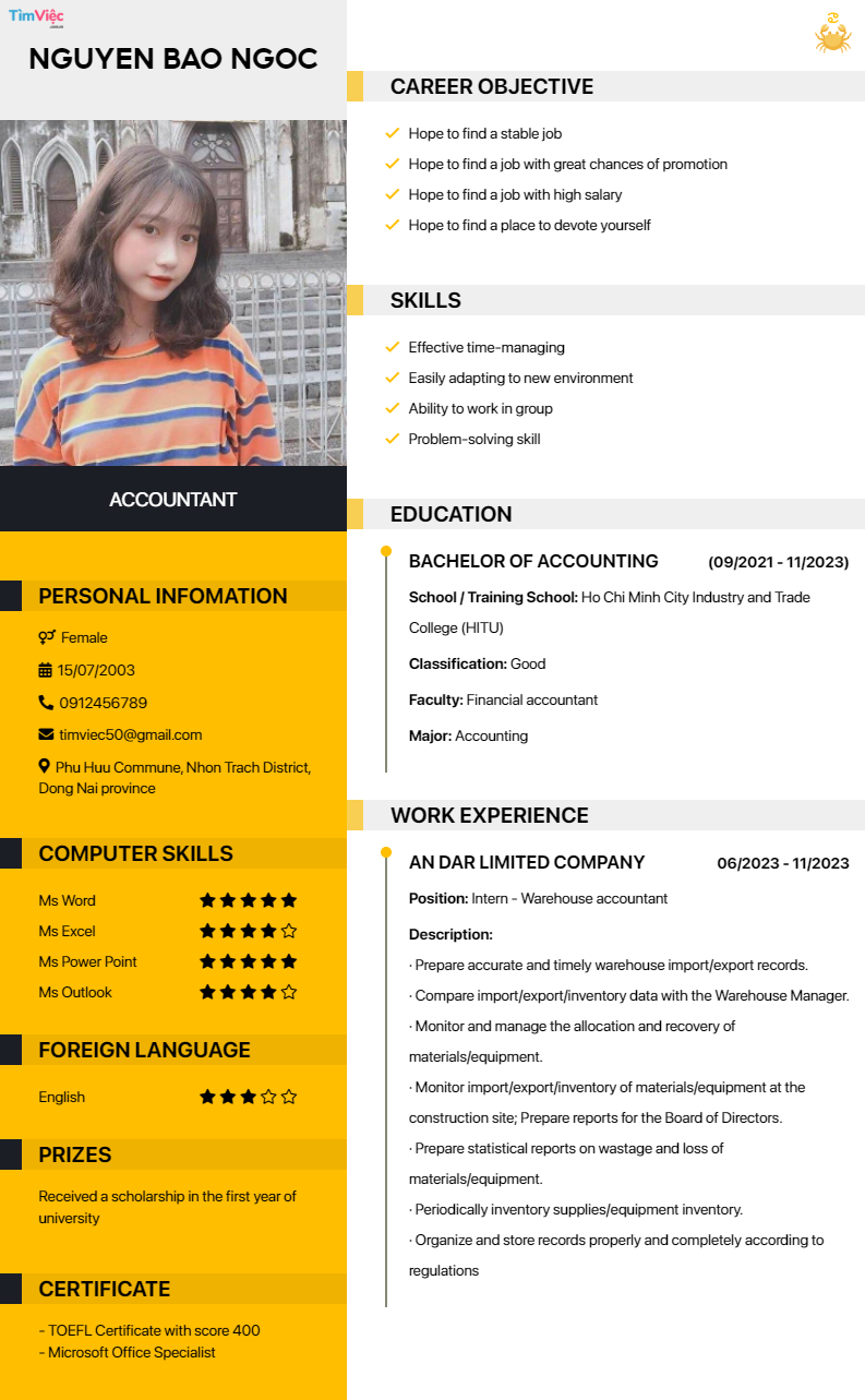 CV tiếng Anh tham khảo - Mẫu CV cung Cự giải - cv.timviec.com.vn