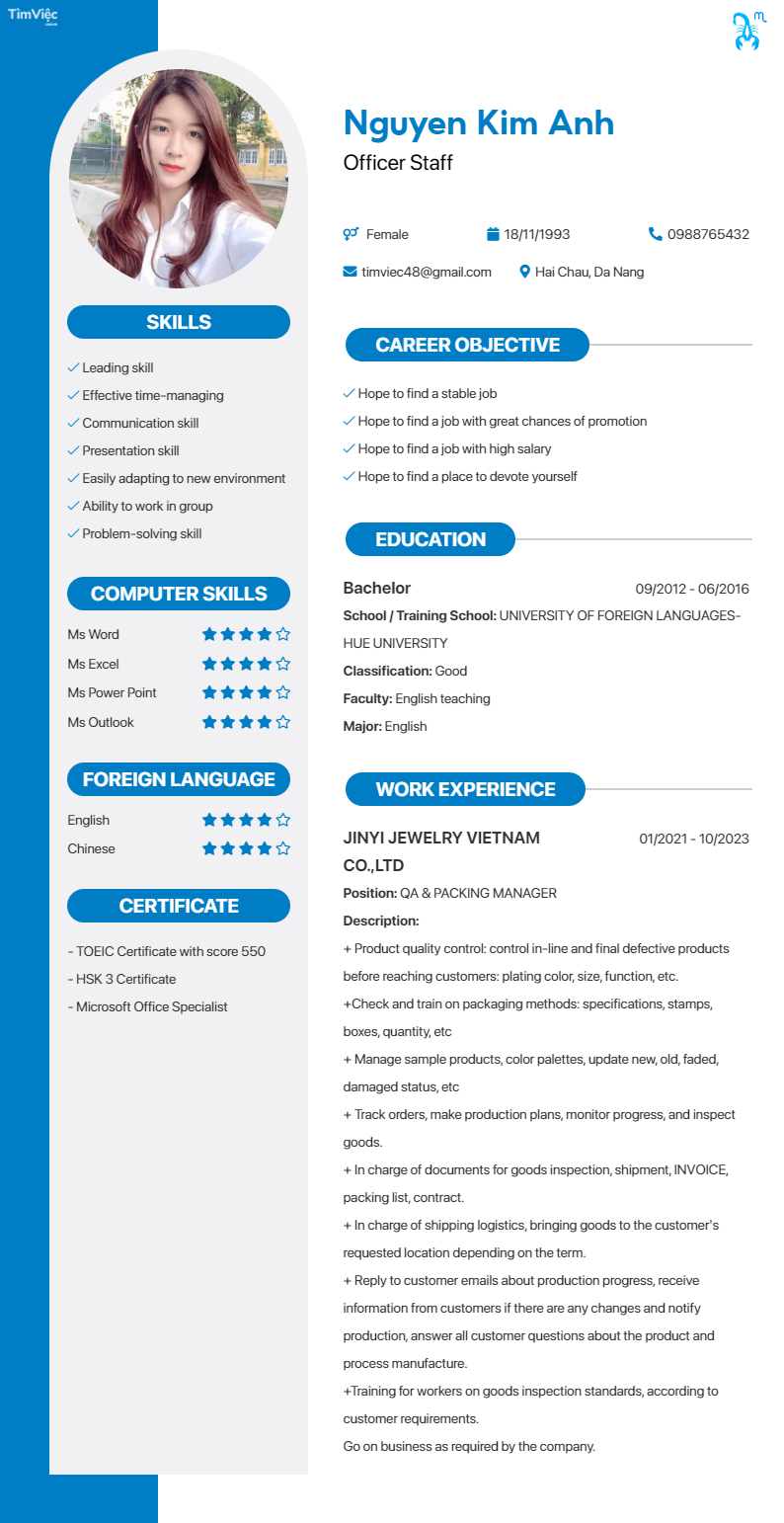 CV tiếng Anh tham khảo - Mẫu CV cung Bọ Cạp - cv.timviec.com.vn