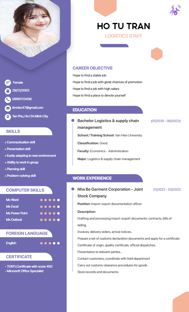 CV tiếng Anh tham khảo - Mẫu CV cung Ma Kết - cv.timviec.com.vn