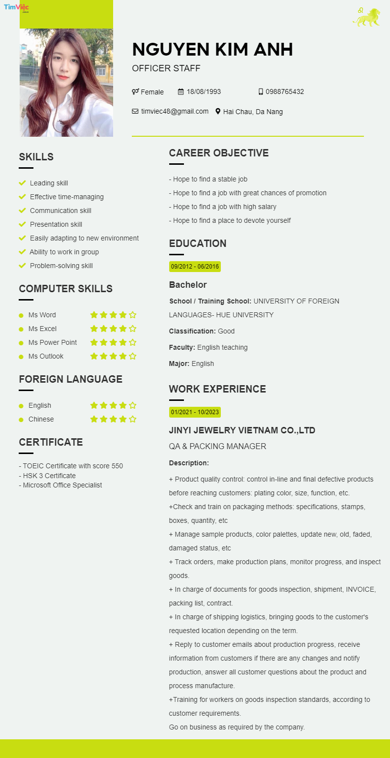 CV tiếng Anh tham khảo - Mẫu CV cung Sư Tử - cv.timviec.com.vn