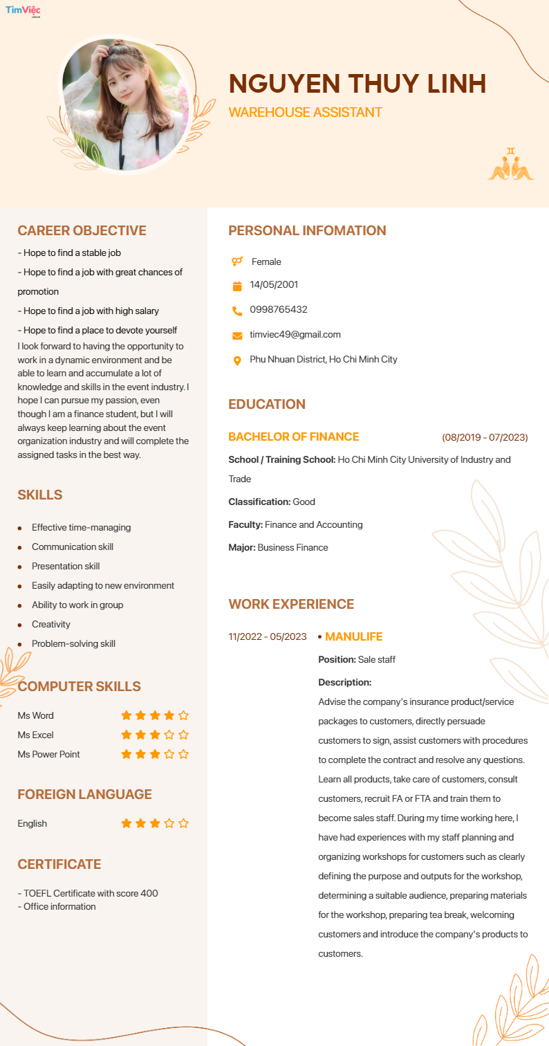 CV tiếng Anh tham khảo - Mẫu CV cung Song Tử - cv.timviec.com.vn