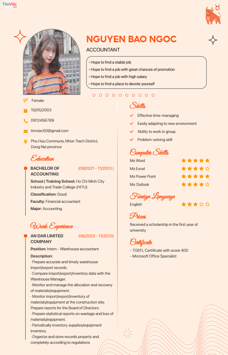 CV tiếng Anh tham khảo - Mẫu CV cung Kim Ngưu - cv.timviec.com.vn