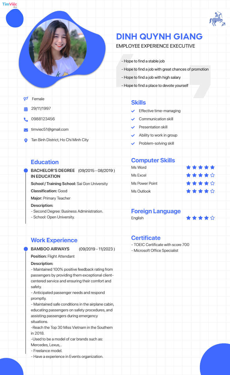 CV tiếng Anh tham khảo - Mẫu CV cung Nhân Mã - cv.timviec.com.vn