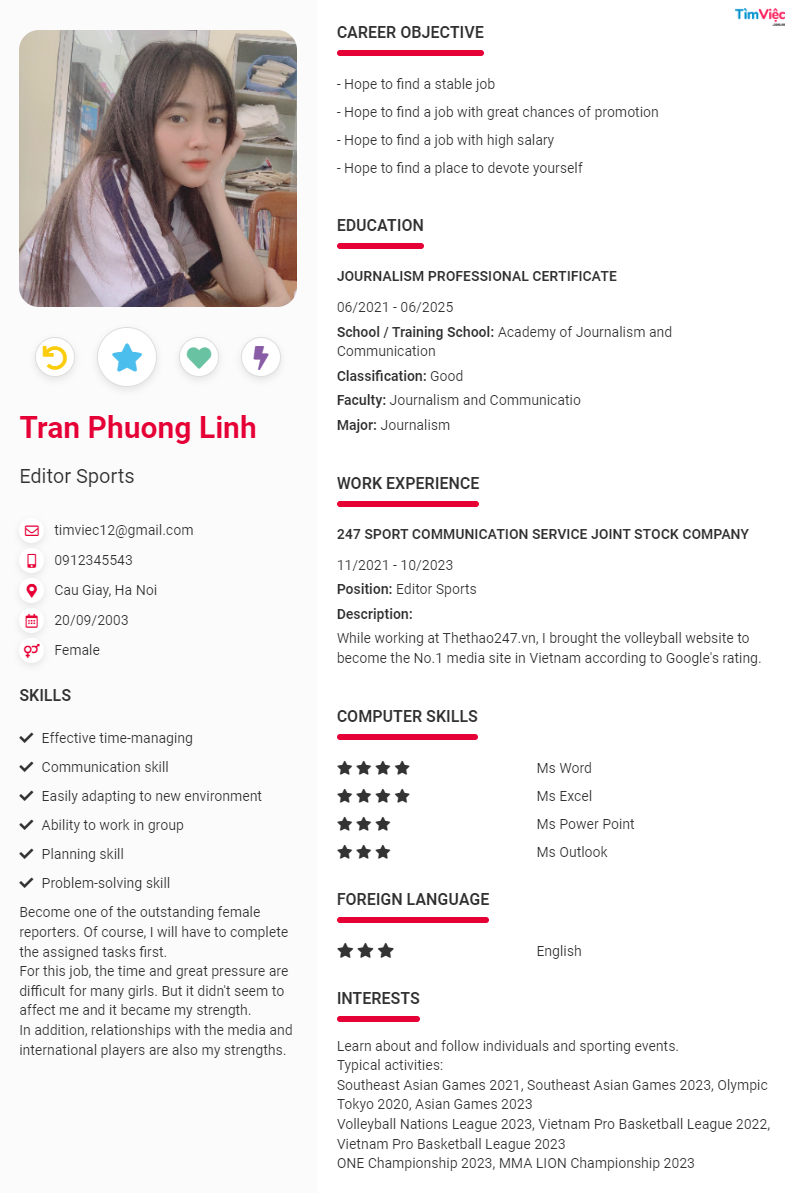 CV tiếng Anh tham khảo - Mẫu CV Biên Tập Viên - cv.timviec.com.vn
