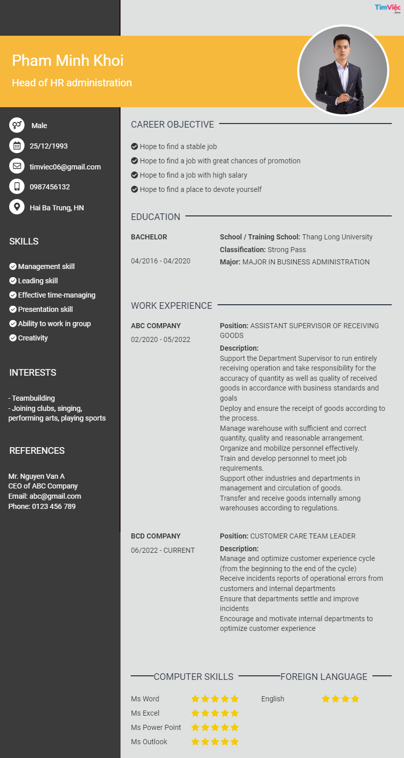 CV tiếng Anh tham khảo - Mẫu CV Trưởng Phòng HC Nhân Sự - cv.timviec.com.vn