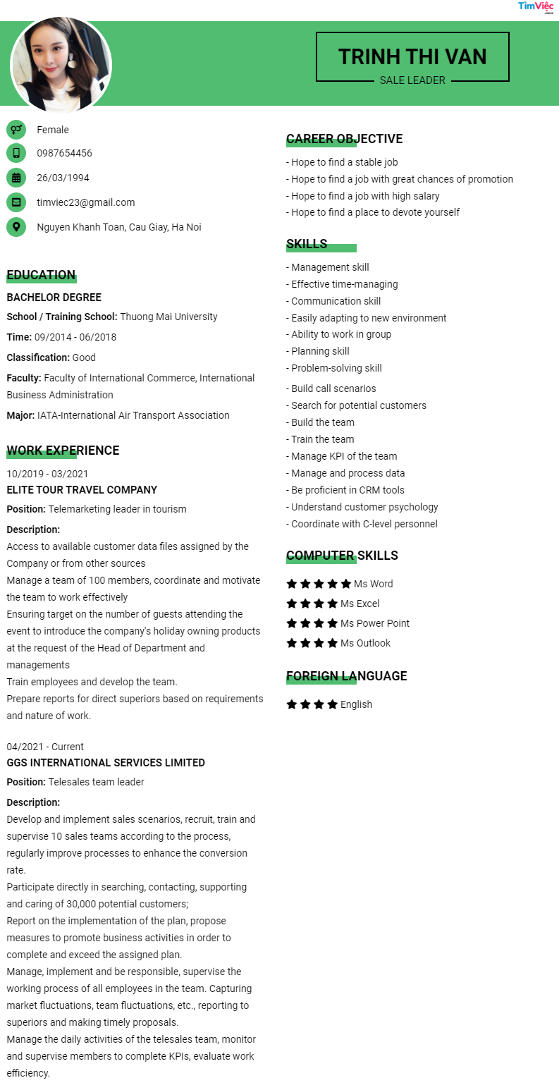 CV tiếng Anh tham khảo - Mẫu CV Trưởng Nhóm Kinh Doanh - cv.timviec.com.vn