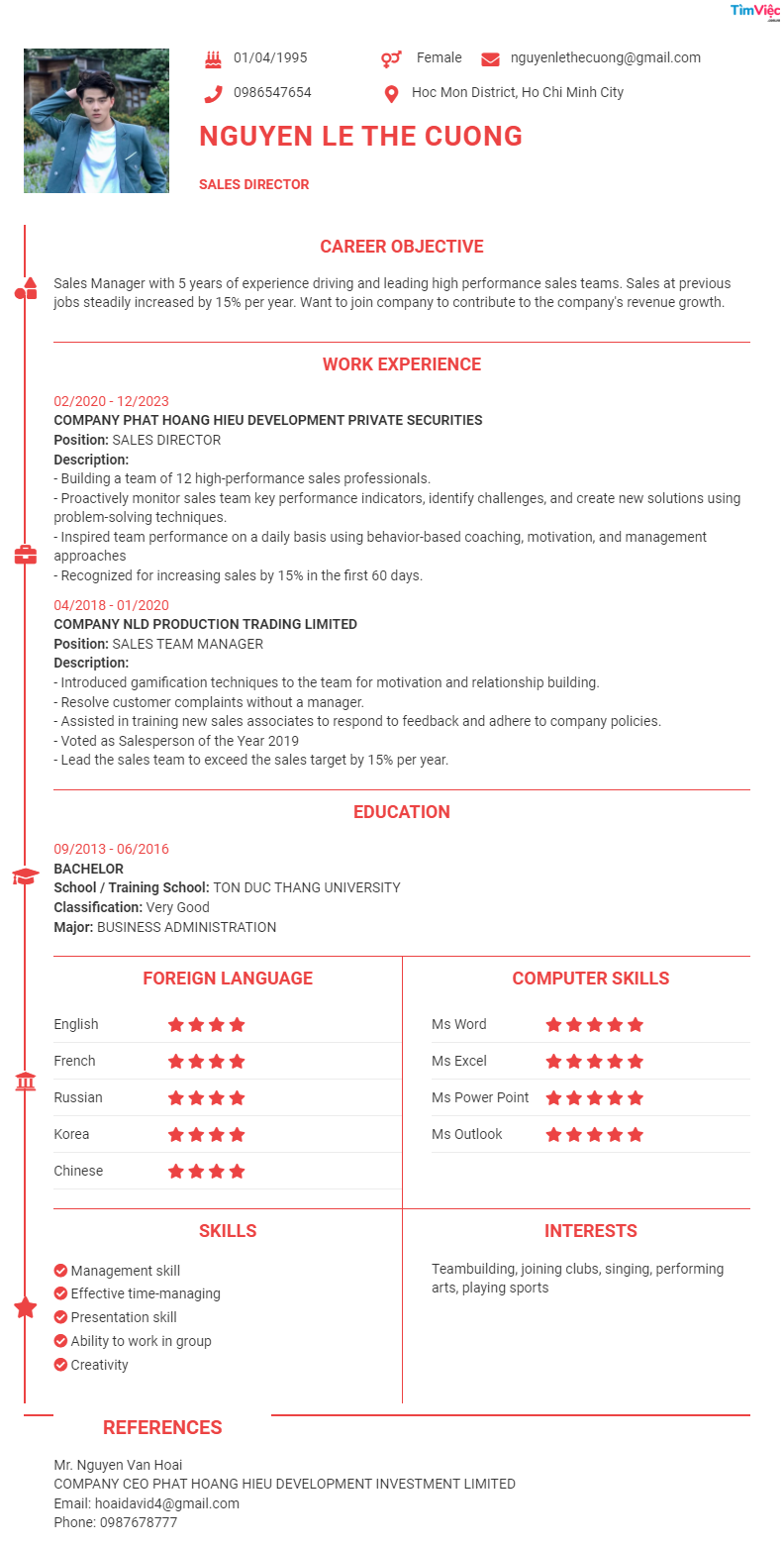 CV tiếng Anh tham khảo - Mẫu CV Giám Đốc Kinh Doanh - cv.timviec.com.vn