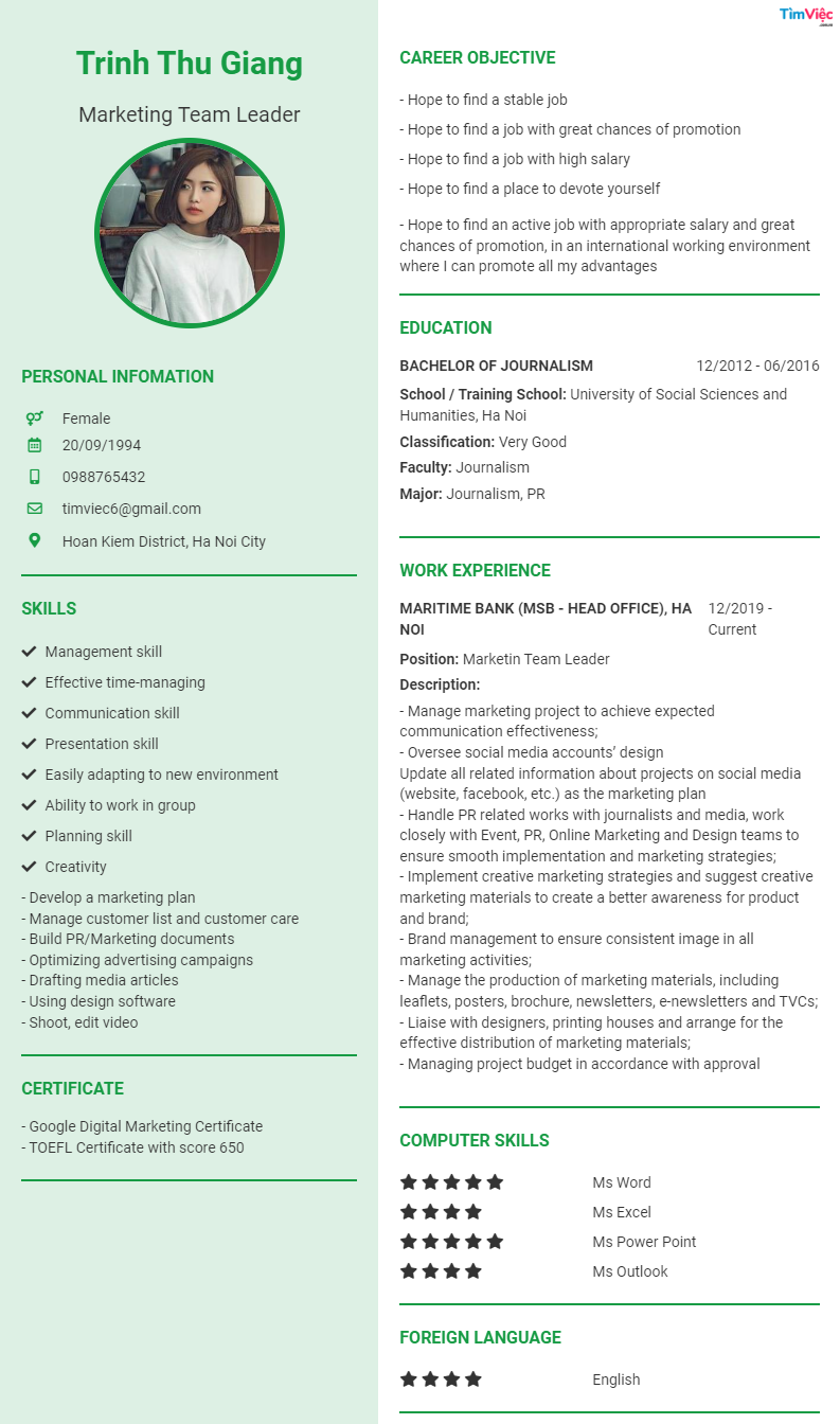 CV tiếng Anh tham khảo - Mẫu Trưởng Nhóm Marketing - cv.timviec.com.vn