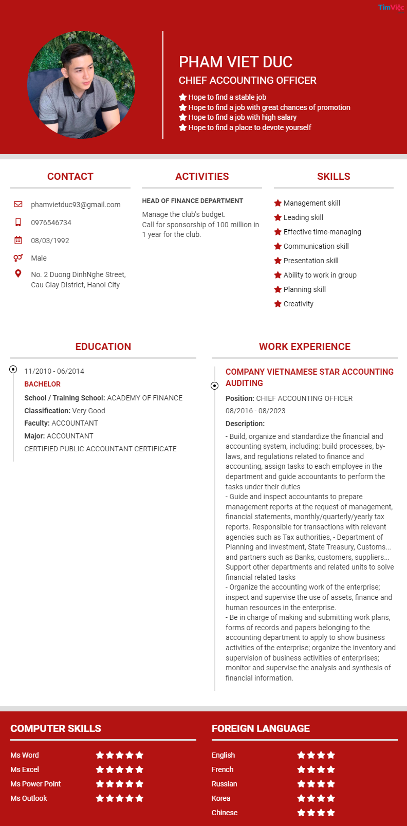 CV tiếng Anh tham khảo - Mẫu CV Kế Toán Trưởng - cv.timviec.com.vn