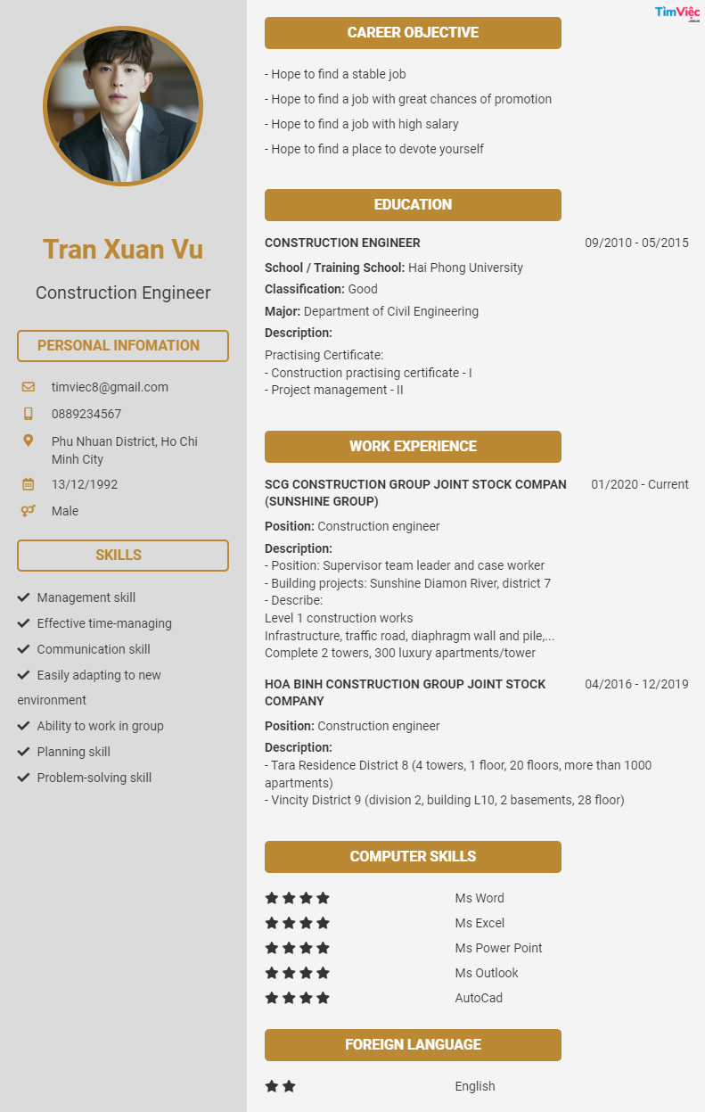 CV tiếng Anh tham khảo - Mẫu CV Kỹ Sư Xây Dựng - cv.timviec.com.vn