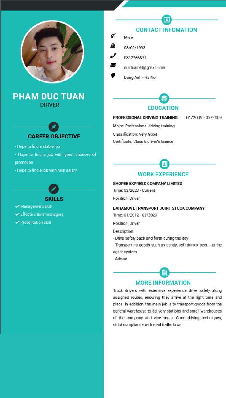 CV tiếng Anh tham khảo - Mẫu CV xin việc Lái xe - cv.timviec.com.vn