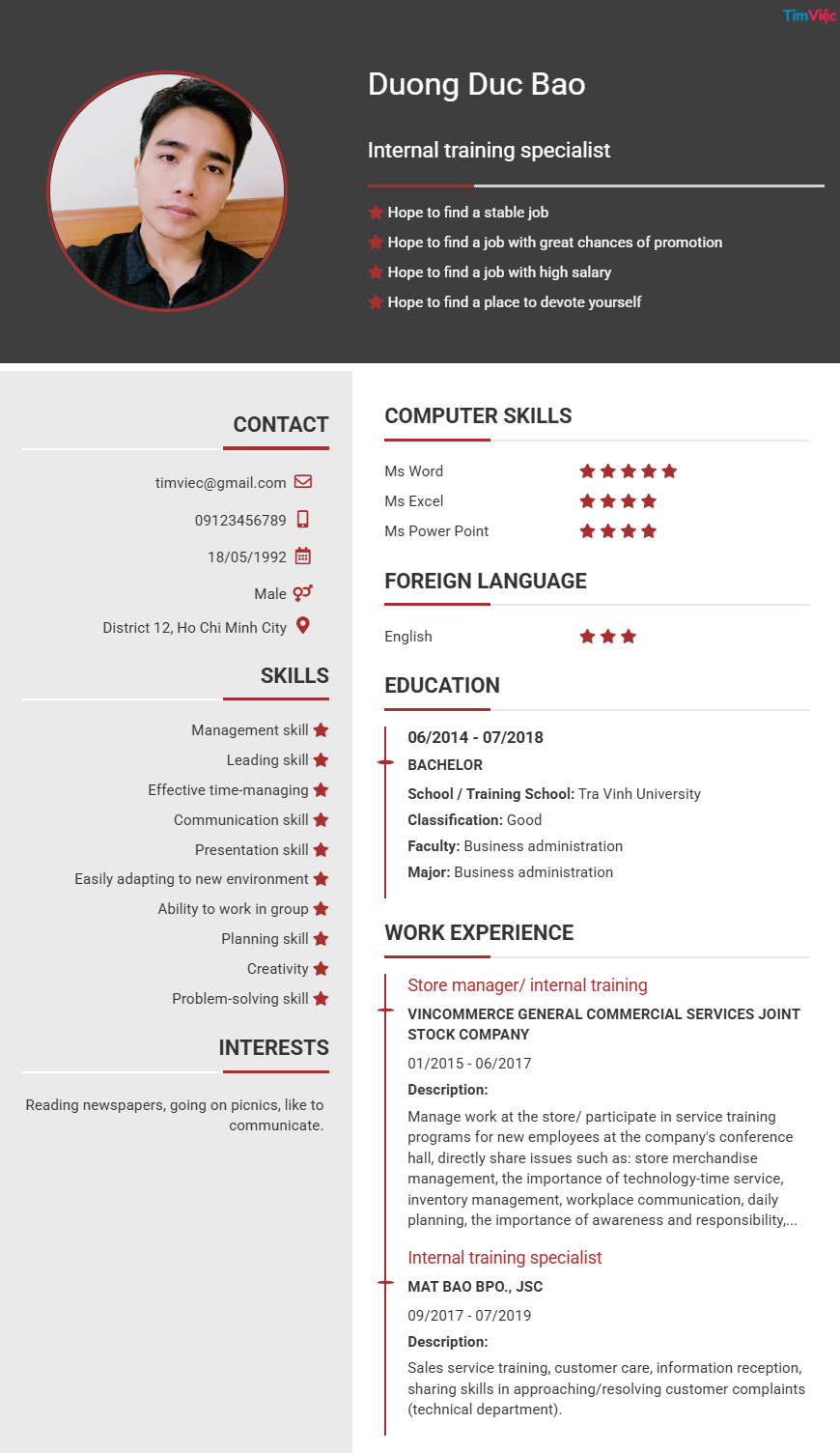 CV tiếng Anh tham khảo - Mẫu CV chuyên viên đào tạo nội bộ - cv.timviec.com.vn