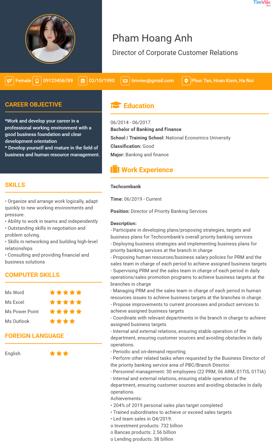 CV tiếng Anh tham khảo - Mẫu CV Giám đốc Quan hệ Khách hàng Doanh nghiệp - cv.timviec.com.vn