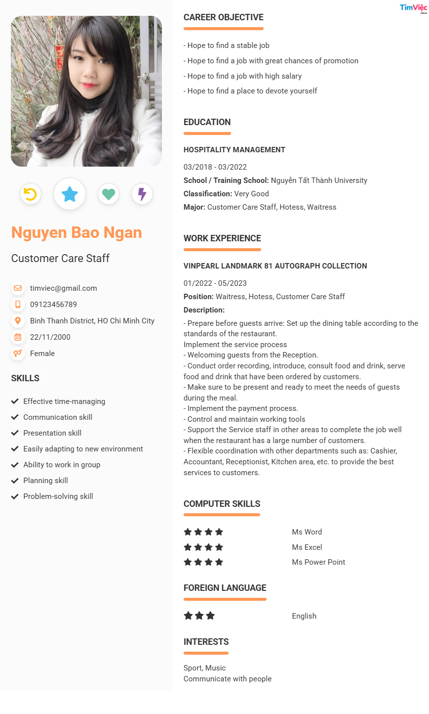 CV tiếng Anh tham khảo - Mẫu CV Nhân viên tư vấn - cv.timviec.com.vn
