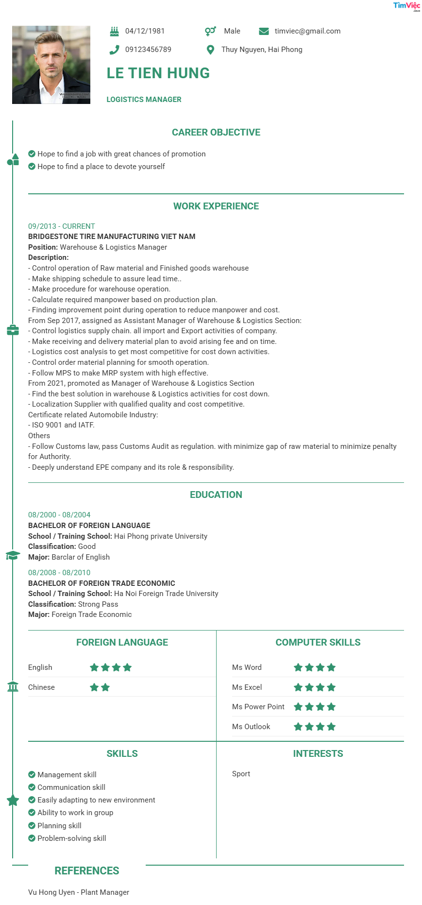 CV tiếng Anh tham khảo - Mẫu CV chuyên viên logistics - cv.timviec.com.vn