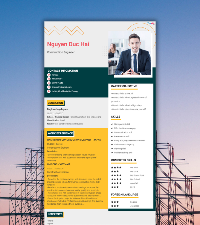Mẫu CV tiếng Anh - Mẫu CV xin việc Xây dựng - CV.timviec.com.vn