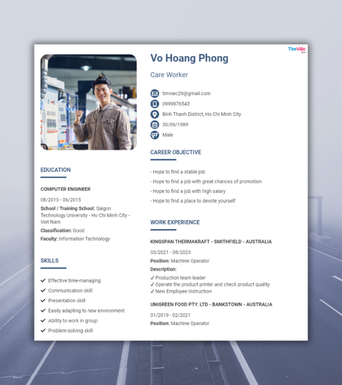 Mẫu CV tiếng Anh - Mẫu CV xin việc ngành Công nhân - CV.timviec.com.vn