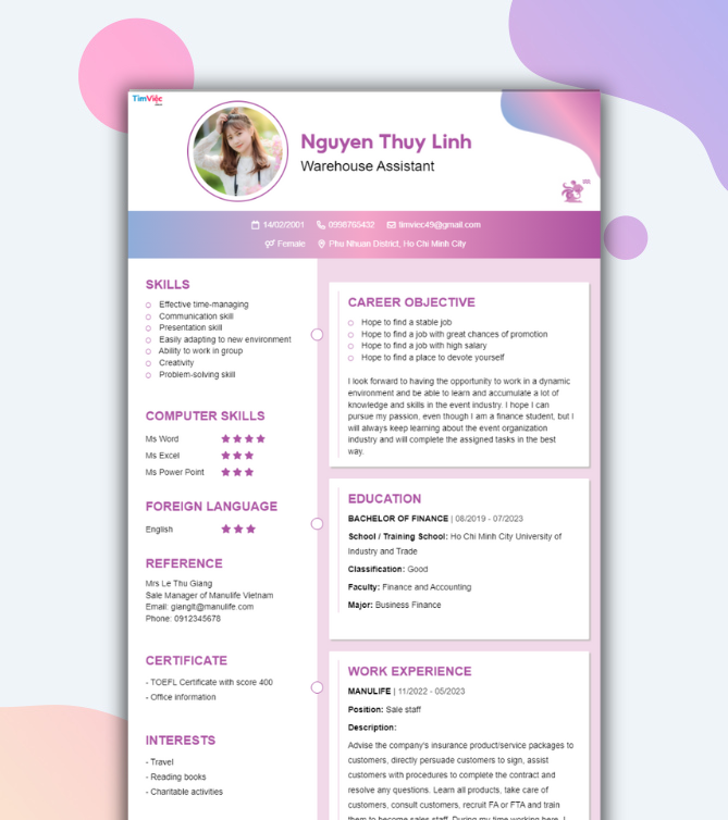 Mẫu CV tiếng Anh - Mẫu CV cung Bảo bình - CV.timviec.com.vn
