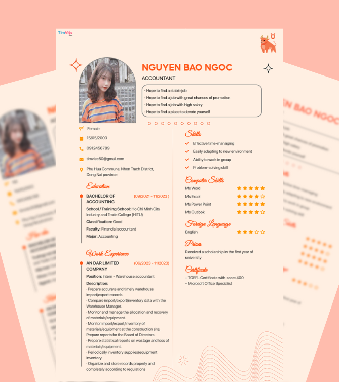 Mẫu CV tiếng Anh - Mẫu CV cung Kim Ngưu - CV.timviec.com.vn