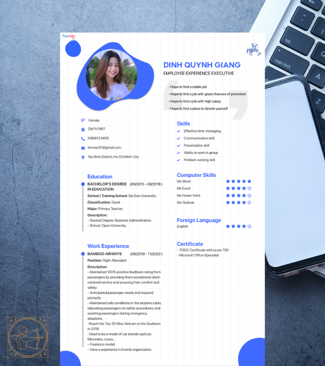 Mẫu CV tiếng Anh - Mẫu CV cung Nhân Mã - CV.timviec.com.vn
