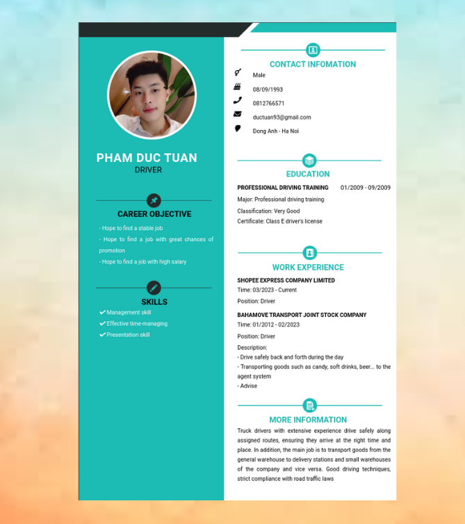Mẫu CV tiếng Anh - Mẫu CV xin việc Lái xe - CV.timviec.com.vn